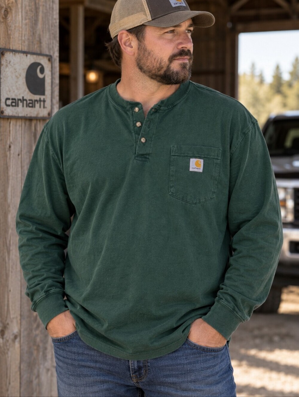 Vintage Carhartt Green Long Sleeve Henley Shirt Men's 2XL Big & Tall Faded EUC